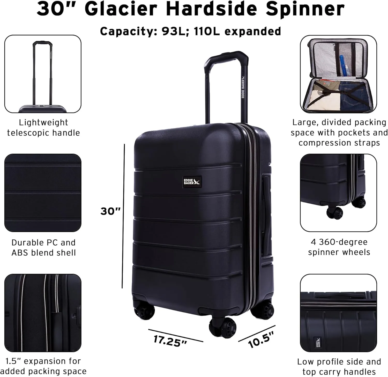 Eddie Bauer Glacier Luggage | Hardside | Spinner Wheels | Expandable | Lightweight | Durable | Travel Essentials, Carbon, 30" (Check-in)