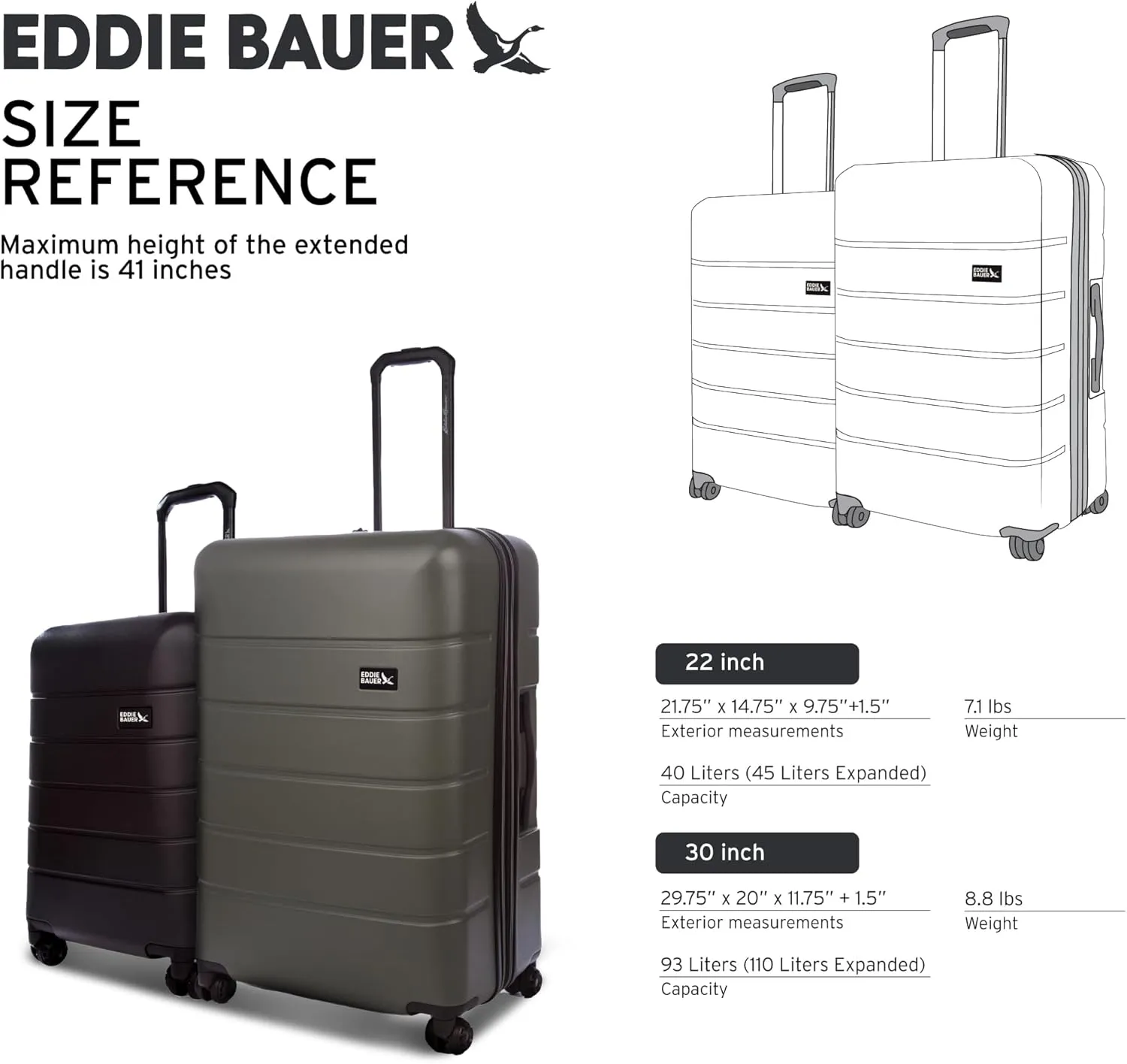 Eddie Bauer Glacier Luggage | Hardside | Spinner Wheels | Expandable | Lightweight | Durable | Travel Essentials, Carbon, 30" (Check-in)