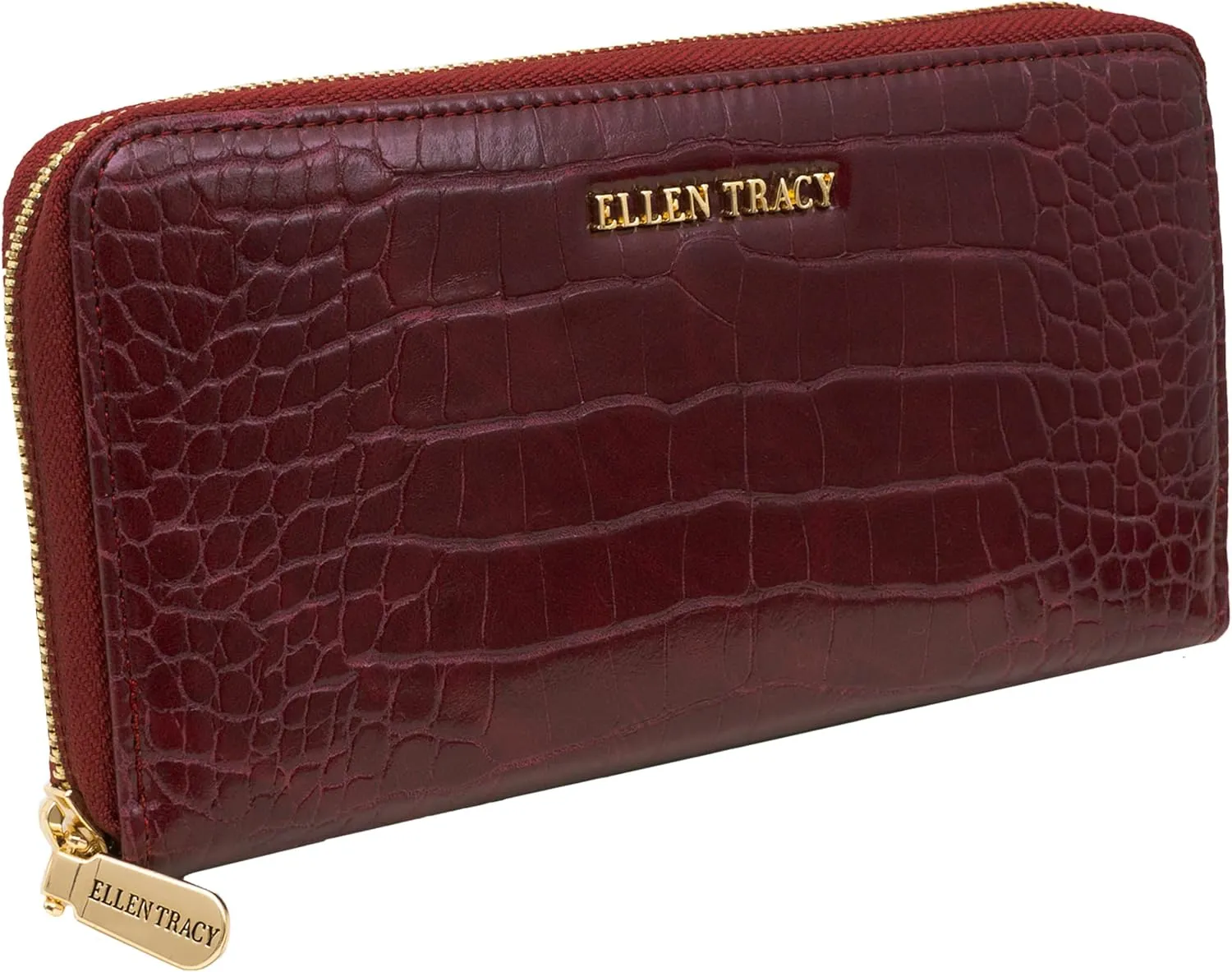 ELLEN TRACY Faux Leather Croco Zip Around Wallet (Merlot)