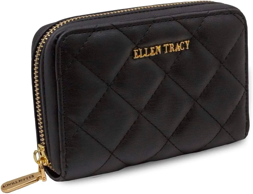ELLEN TRACY Faux Leather Quilted Indexer Card Case Wallet (Black)