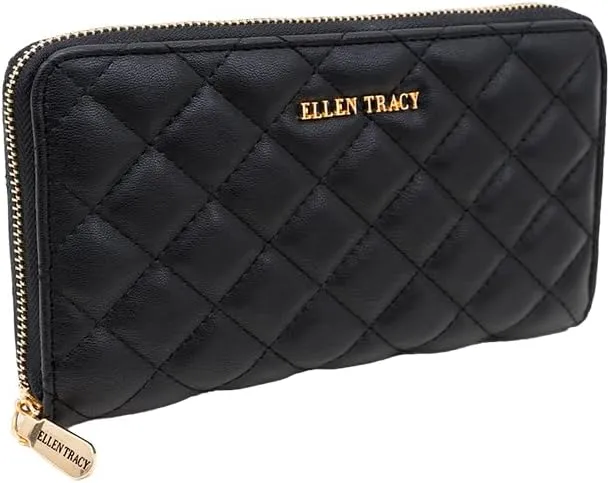 ELLEN TRACY Quilted Zip Around Clutch, Multi Holder Organizer Wallet (Black)
