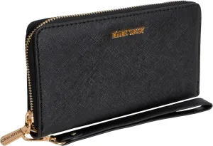 ELLEN TRACY Saffiano Zip Around Clutch Card Slots Wallet with Detachable Wristlet (Black)
