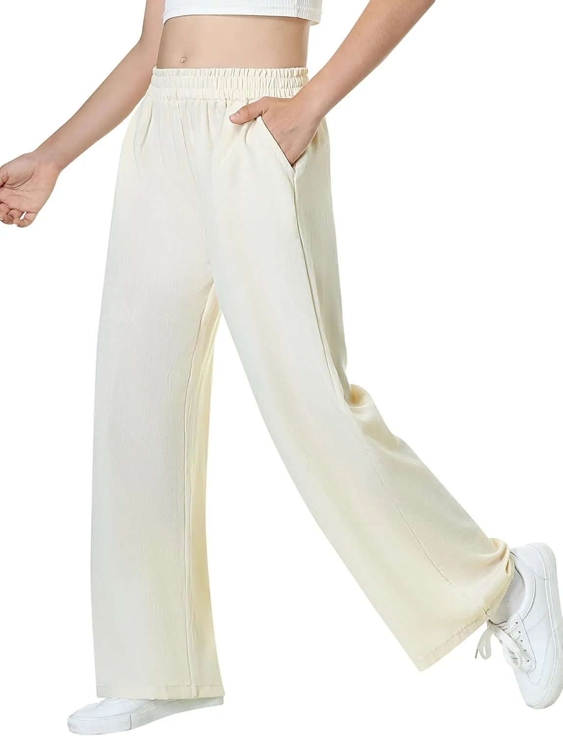 EXARUS 3 Pack Girls Wide Leg Pants Loose Trousers Linen Flowy with Pockets Elastic Waist Casual for Kids 6-12Y