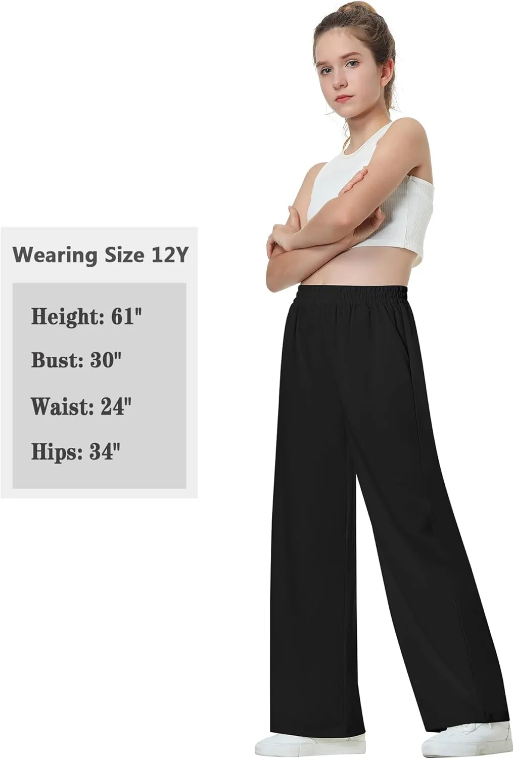 EXARUS 3 Pack Girls Wide Leg Pants Loose Trousers Linen Flowy with Pockets Elastic Waist Casual for Kids 6-12Y