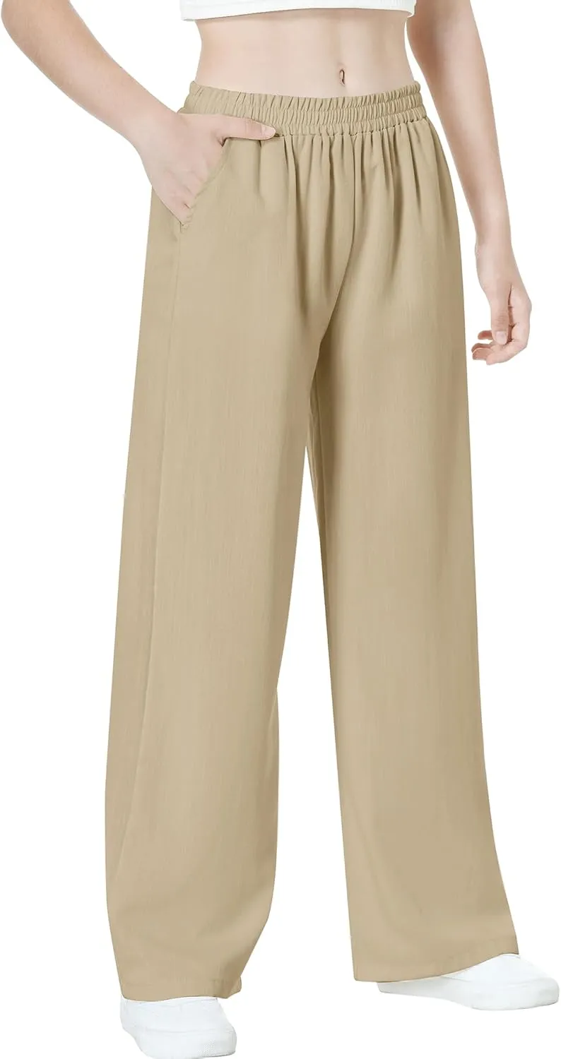 EXARUS 3 Pack Girls Wide Leg Pants Loose Trousers Linen Flowy with Pockets Elastic Waist Casual for Kids 6-12Y