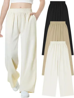 EXARUS 3 Pack Girls Wide Leg Pants Loose Trousers Linen Flowy with Pockets Elastic Waist Casual for Kids 6-12Y