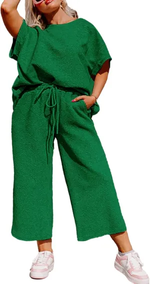 Eytino Womens Plus Size Sweatsuits Casual Short Sleeve Tops High Waist Wide Leg Pants 2 Piece Tracksuit Lounge Sets(1X-5X)