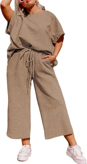 Eytino Womens Plus Size Sweatsuits Casual Short Sleeve Tops High Waist Wide Leg Pants 2 Piece Tracksuit Lounge Sets(1X-5X)