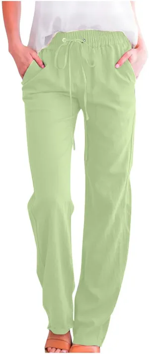 Fanteecy Women's 2024 Trendy Cotton Linen Drawstring Pants Elastic Waist Palazzo Pants Summer Casual Trousers with Pockets