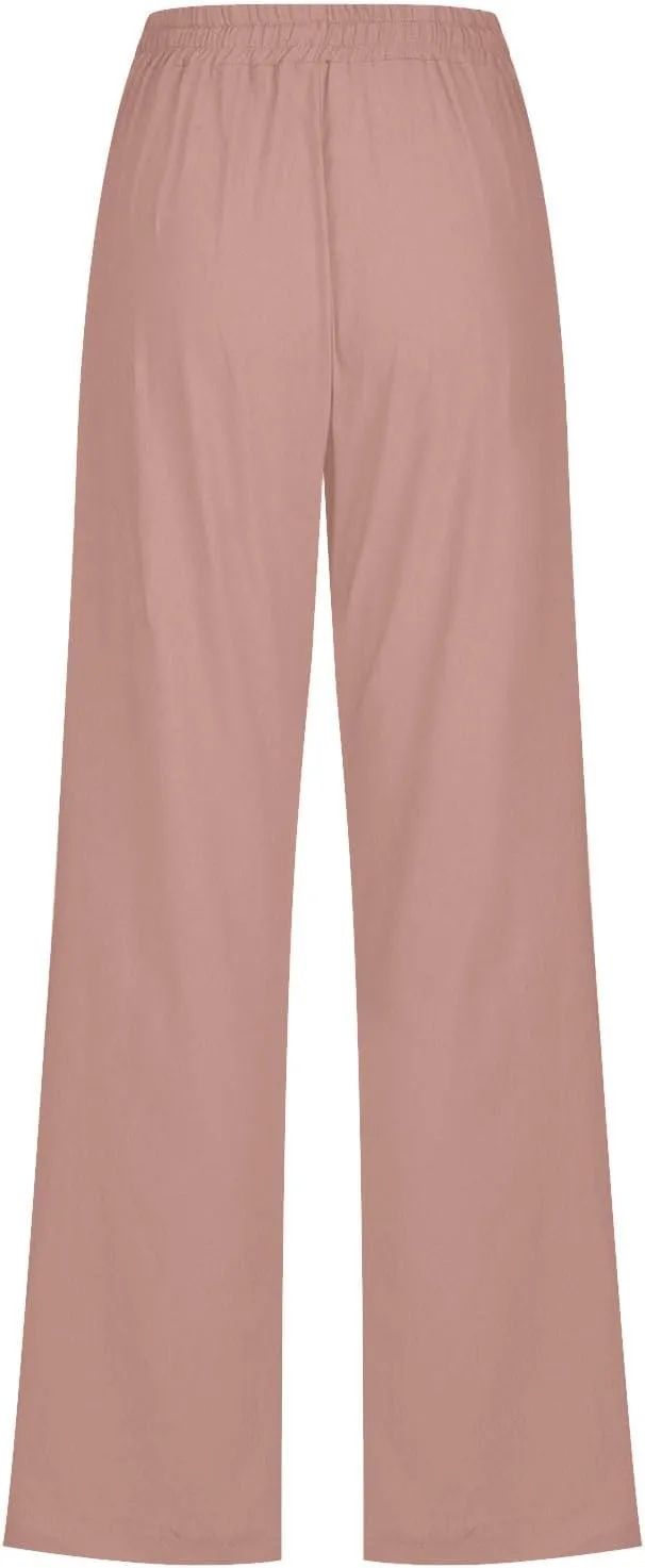 Fanteecy Women's 2024 Trendy Cotton Linen Drawstring Pants Elastic Waist Palazzo Pants Summer Casual Trousers with Pockets