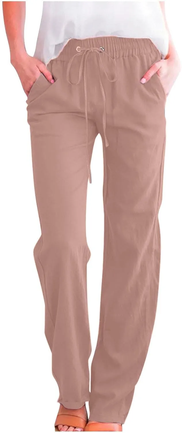 Fanteecy Women's 2024 Trendy Cotton Linen Drawstring Pants Elastic Waist Palazzo Pants Summer Casual Trousers with Pockets
