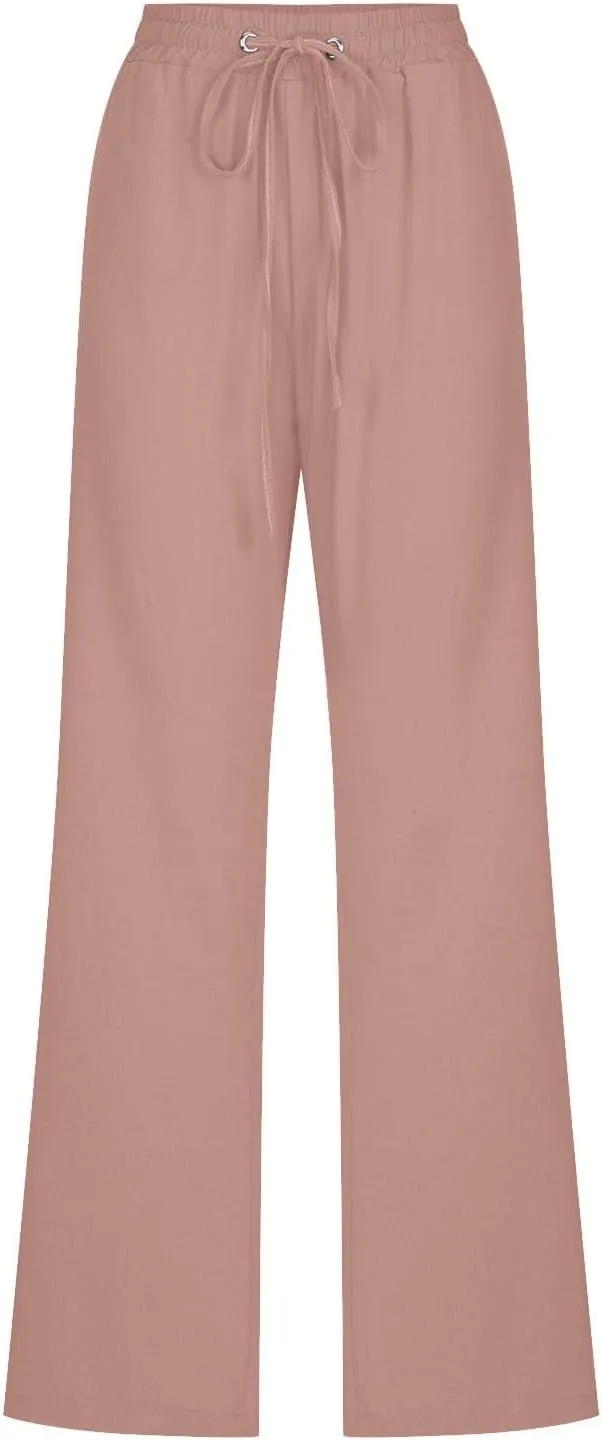 Fanteecy Women's 2024 Trendy Cotton Linen Drawstring Pants Elastic Waist Palazzo Pants Summer Casual Trousers with Pockets