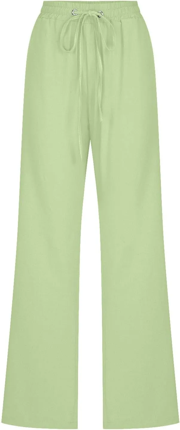 Fanteecy Women's 2024 Trendy Cotton Linen Drawstring Pants Elastic Waist Palazzo Pants Summer Casual Trousers with Pockets