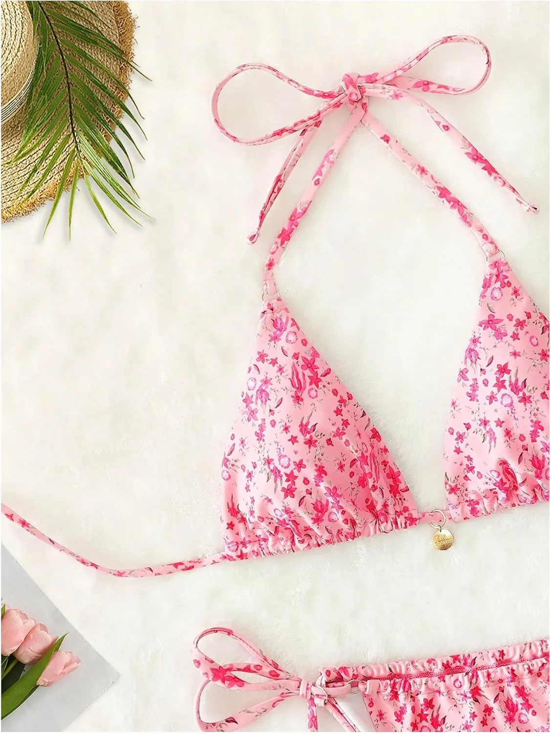 Floerns Women's Floral Print Halter Triangle High Waist Tie Side String Bikini Swimsuit