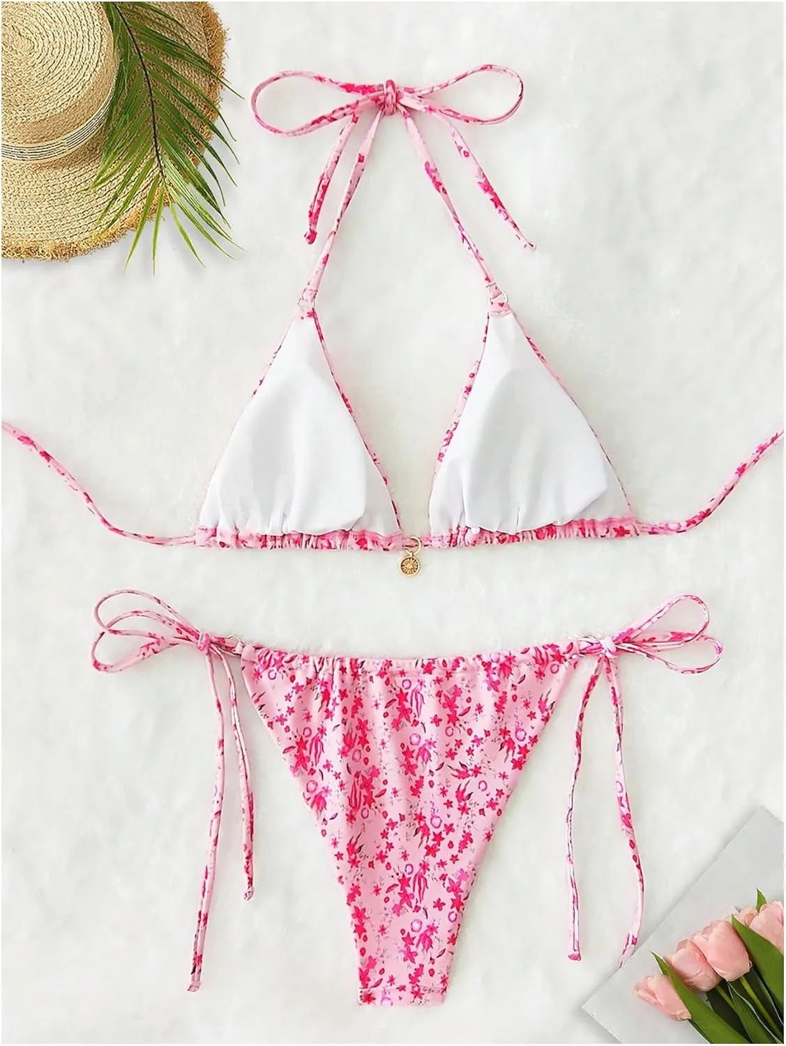 Floerns Women's Floral Print Halter Triangle High Waist Tie Side String Bikini Swimsuit