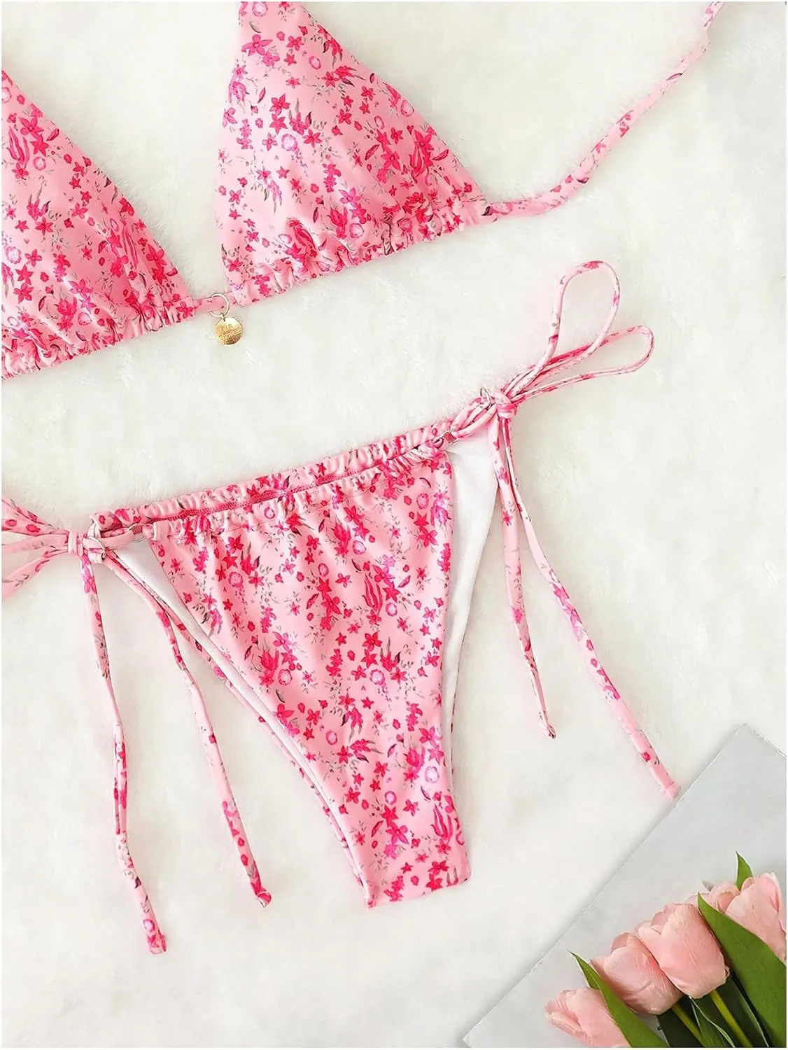 Floerns Women's Floral Print Halter Triangle High Waist Tie Side String Bikini Swimsuit