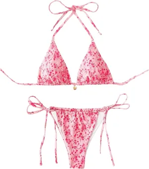 Floerns Women's Floral Print Halter Triangle High Waist Tie Side String Bikini Swimsuit
