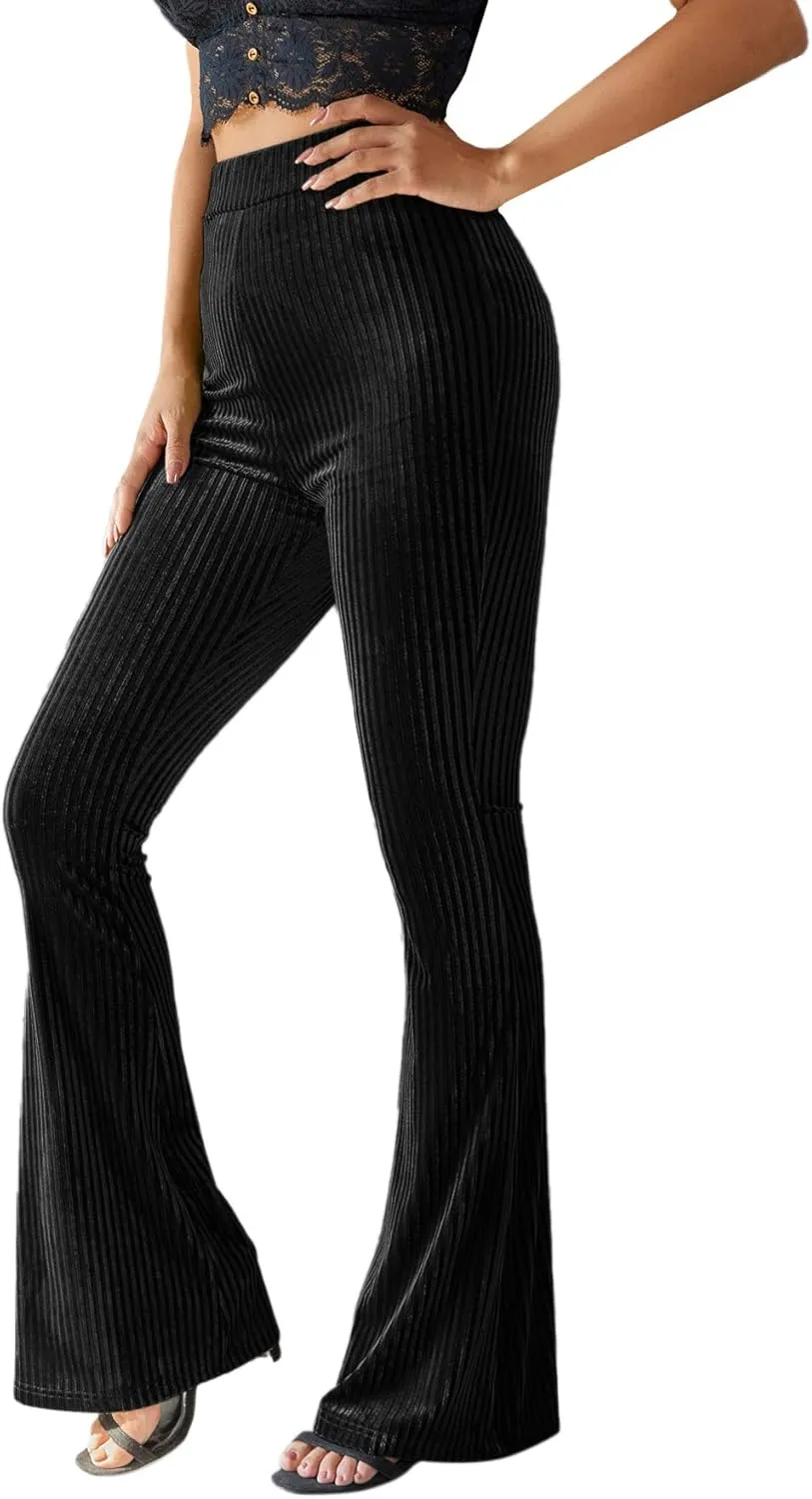 Floerns Women's Velvet Elastic Waist Flare Leg Palazzo Long Pants Trousers