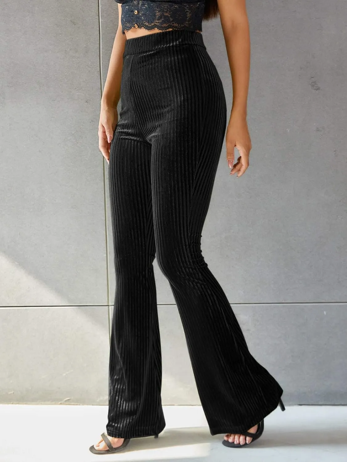 Floerns Women's Velvet Elastic Waist Flare Leg Palazzo Long Pants Trousers