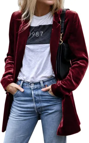 futurino Women's Solid Color Long Sleeve Velvet Jacket Open Front Casual Suit Cardigan Mid-Length Coat