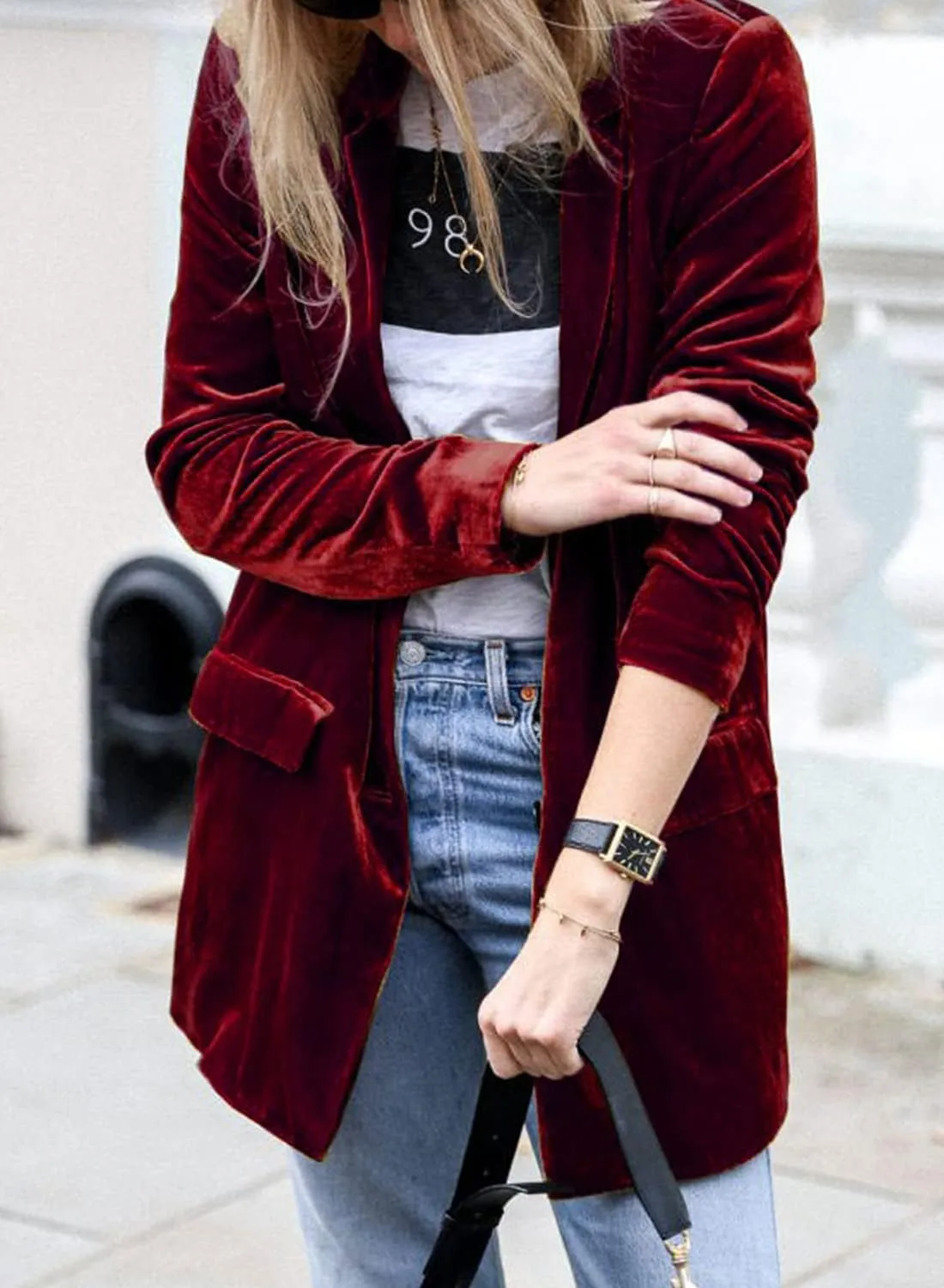 futurino Women's Solid Color Long Sleeve Velvet Jacket Open Front Casual Suit Cardigan Mid-Length Coat