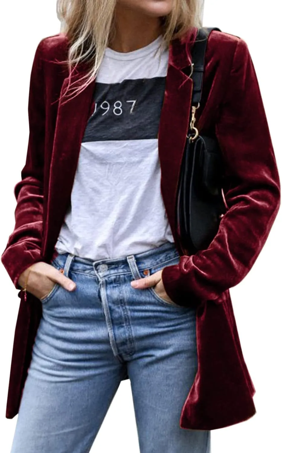 futurino Women's Solid Color Long Sleeve Velvet Jacket Open Front Casual Suit Cardigan Mid-Length Coat