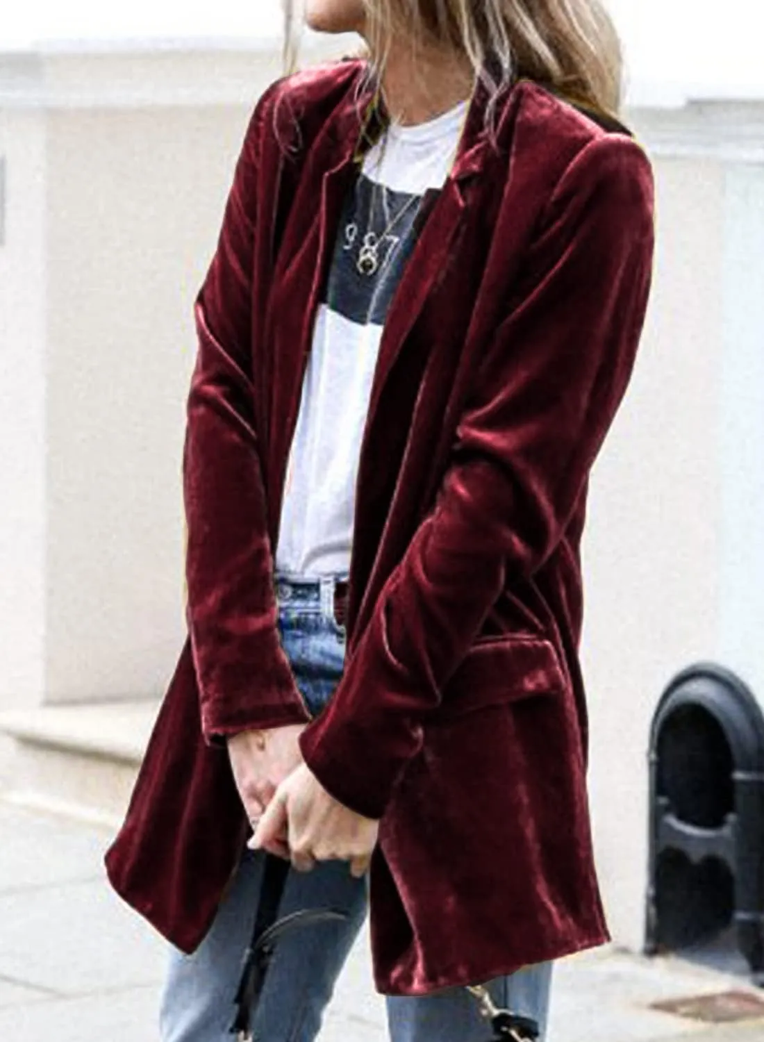 futurino Women's Solid Color Long Sleeve Velvet Jacket Open Front Casual Suit Cardigan Mid-Length Coat
