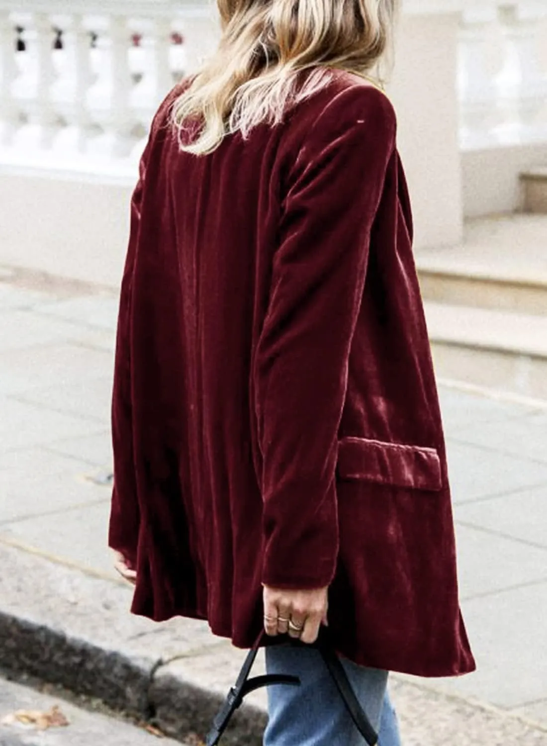 futurino Women's Solid Color Long Sleeve Velvet Jacket Open Front Casual Suit Cardigan Mid-Length Coat