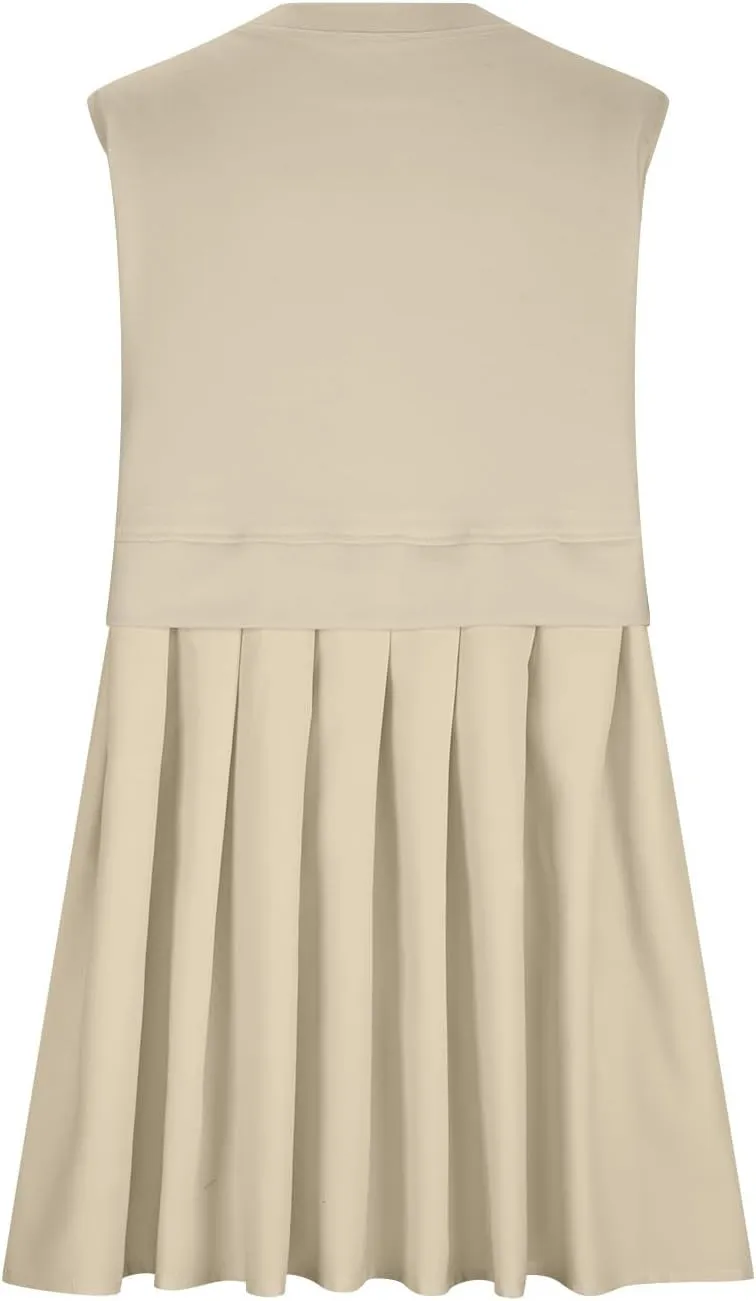 FZYLQY Sleeveless Dresses for Womens Casual Summer Pleated Tank Dress Ruffle Flowy Mini Dress Solid Crewneck Pleated Dress
