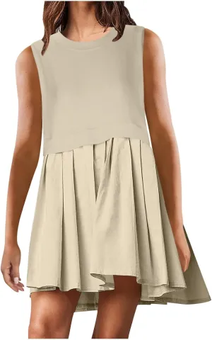 FZYLQY Sleeveless Dresses for Womens Casual Summer Pleated Tank Dress Ruffle Flowy Mini Dress Solid Crewneck Pleated Dress
