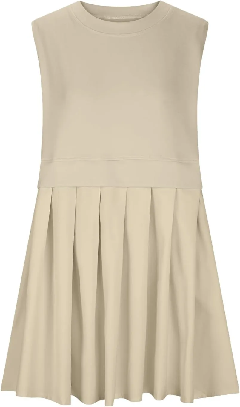 FZYLQY Sleeveless Dresses for Womens Casual Summer Pleated Tank Dress Ruffle Flowy Mini Dress Solid Crewneck Pleated Dress
