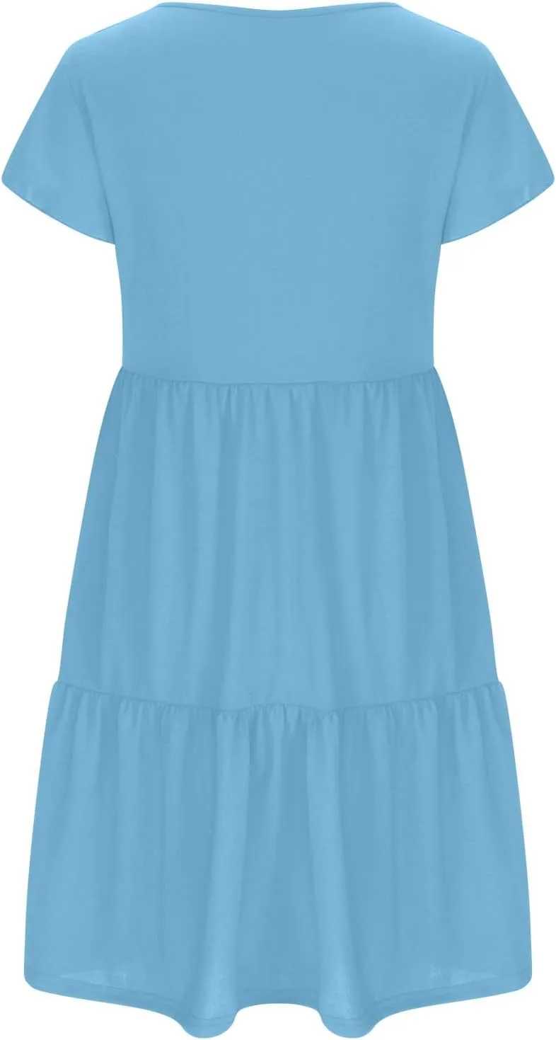 FZYLQY Womens 2024 Summer Casual Dresses Short Sleeve Ruffle V Neck Beach Mini Dress Smocked High Waist Short Sundresses