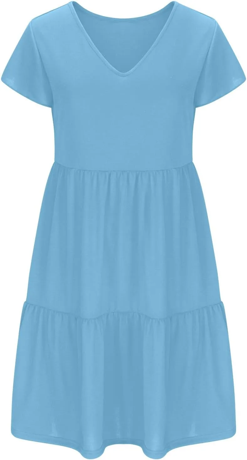 FZYLQY Womens 2024 Summer Casual Dresses Short Sleeve Ruffle V Neck Beach Mini Dress Smocked High Waist Short Sundresses