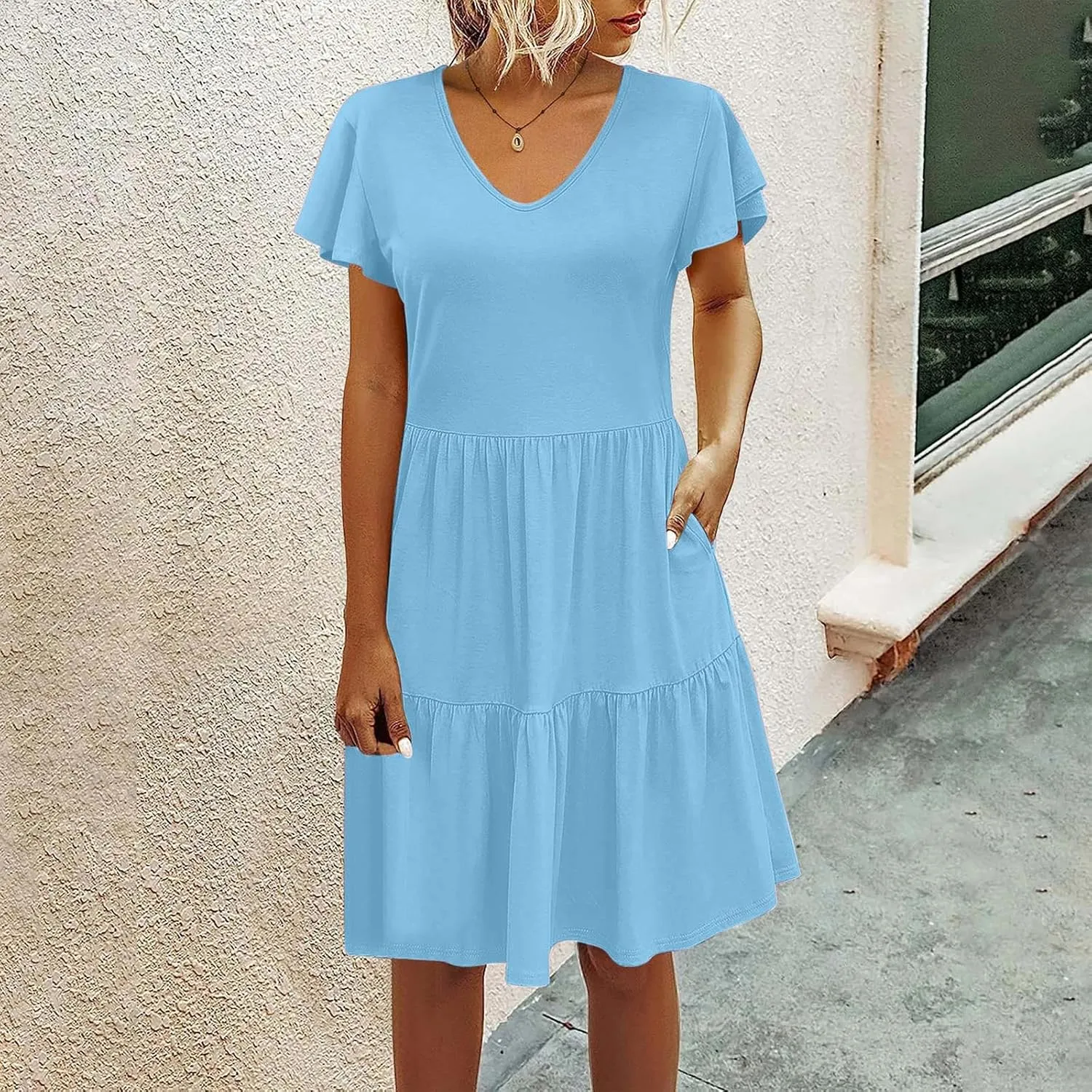 FZYLQY Womens 2024 Summer Casual Dresses Short Sleeve Ruffle V Neck Beach Mini Dress Smocked High Waist Short Sundresses