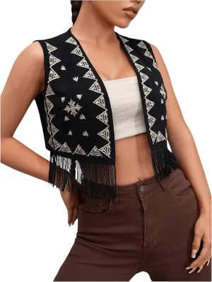 GORGLITTER Women's Geo Embroidery Fringe Crop Vest Tassel Sleeveless Open Front Jacket