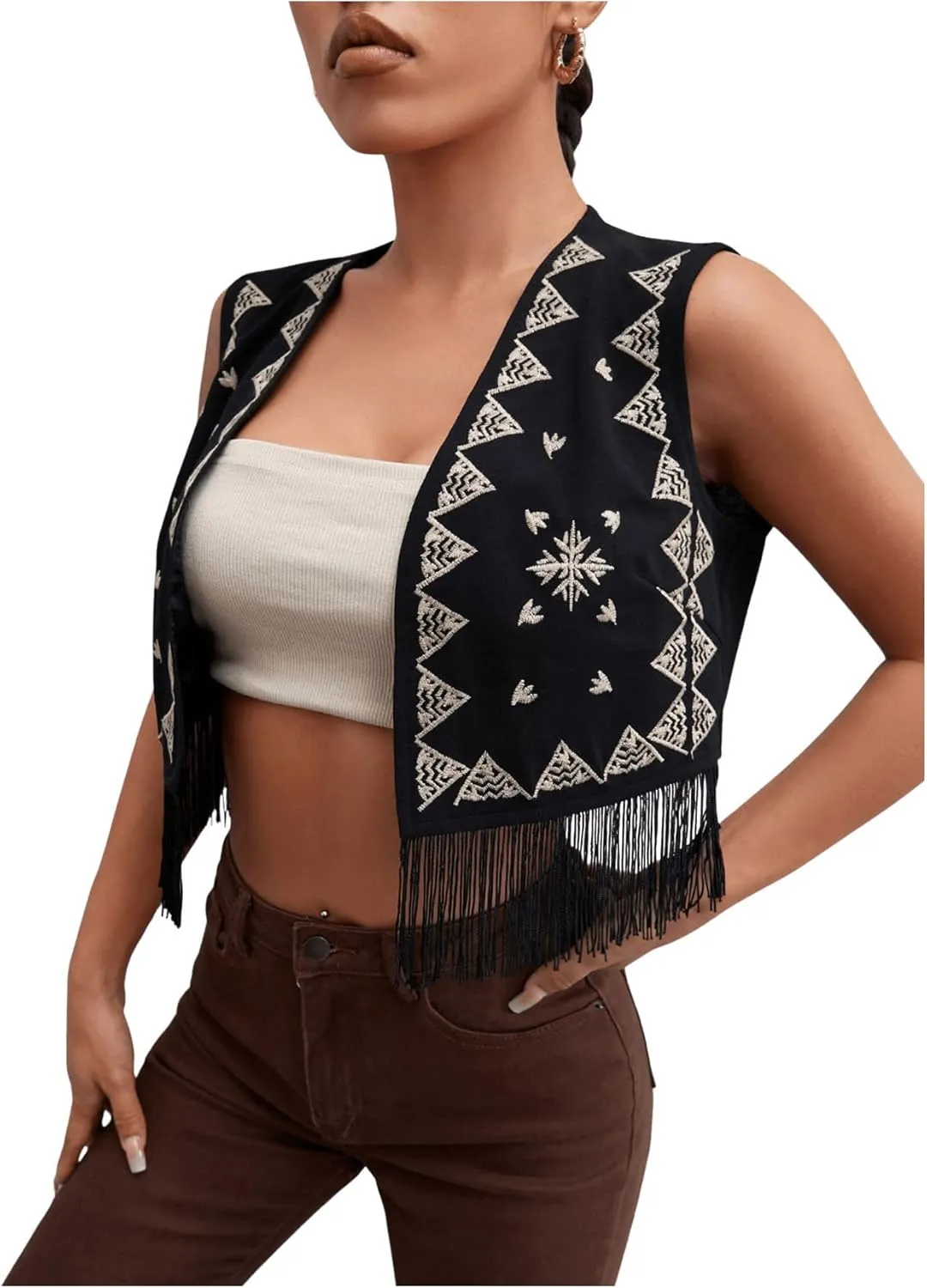 GORGLITTER Women's Geo Embroidery Fringe Crop Vest Tassel Sleeveless Open Front Jacket