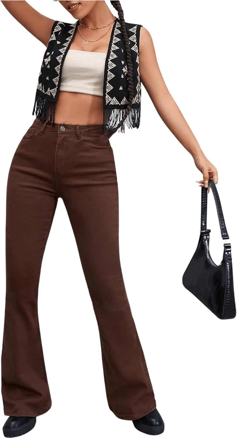 GORGLITTER Women's Geo Embroidery Fringe Crop Vest Tassel Sleeveless Open Front Jacket