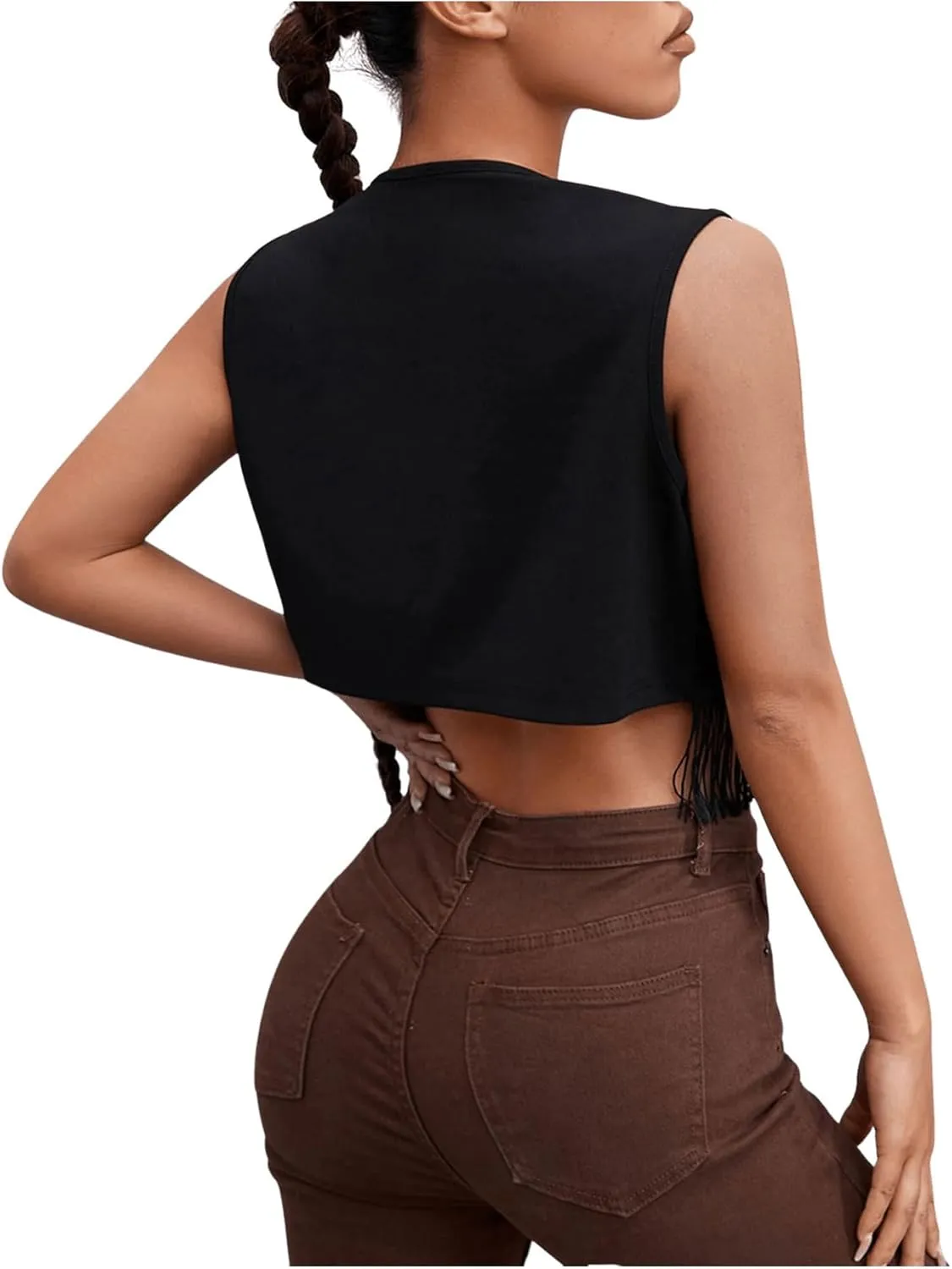 GORGLITTER Women's Geo Embroidery Fringe Crop Vest Tassel Sleeveless Open Front Jacket