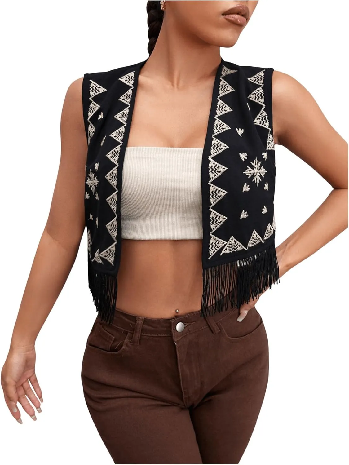 GORGLITTER Women's Geo Embroidery Fringe Crop Vest Tassel Sleeveless Open Front Jacket