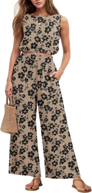 GRECERELLE Two Piece Sets for Women Sleeveless Crop Top Wide Leg Pants Sweat Set for Women Tracksuits 2025 Summer