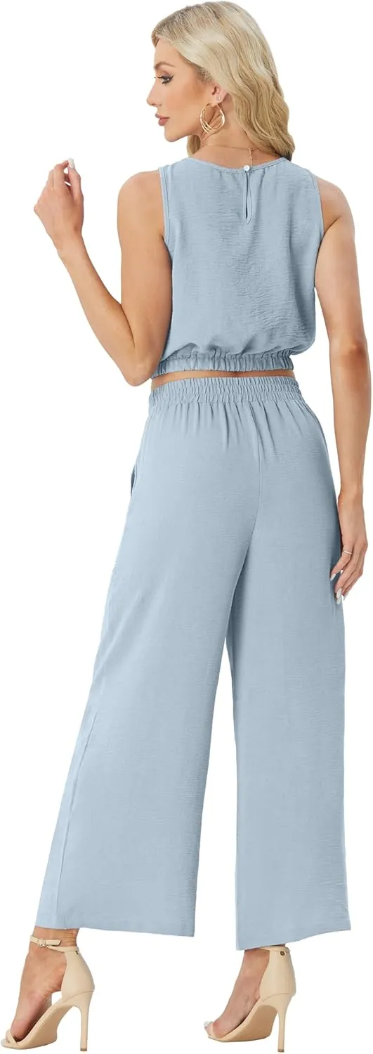 GRECERELLE Two Piece Sets for Women Sleeveless Crop Top Wide Leg Pants Sweat Set for Women Tracksuits 2025 Summer