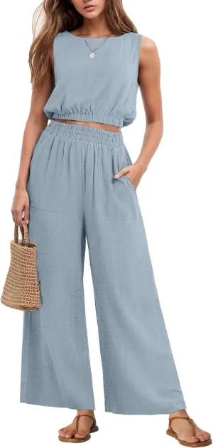 GRECERELLE Two Piece Sets for Women Sleeveless Crop Top Wide Leg Pants Sweat Set for Women Tracksuits 2025 Summer