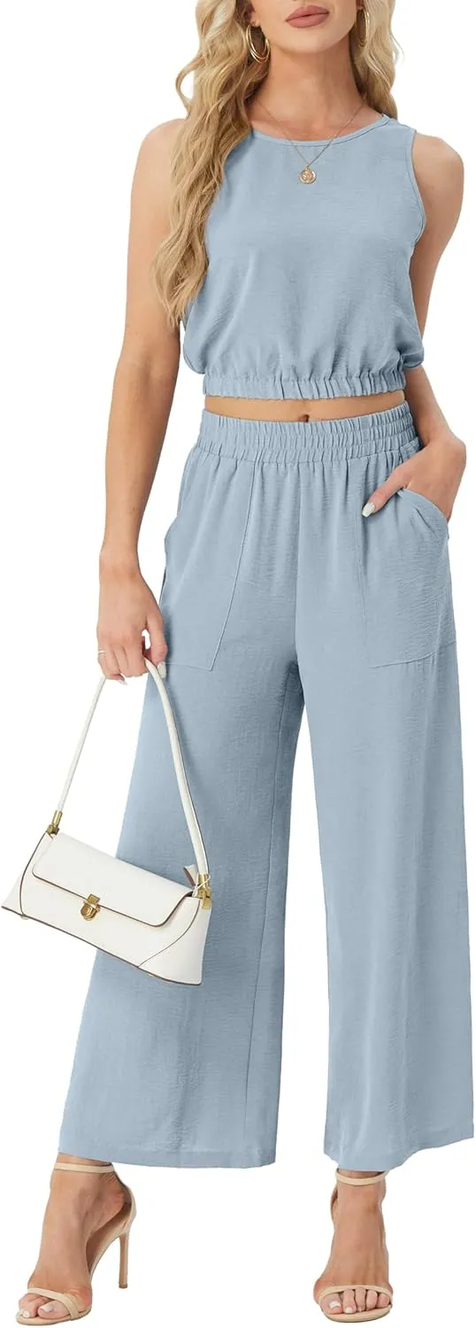 GRECERELLE Two Piece Sets for Women Sleeveless Crop Top Wide Leg Pants Sweat Set for Women Tracksuits 2025 Summer