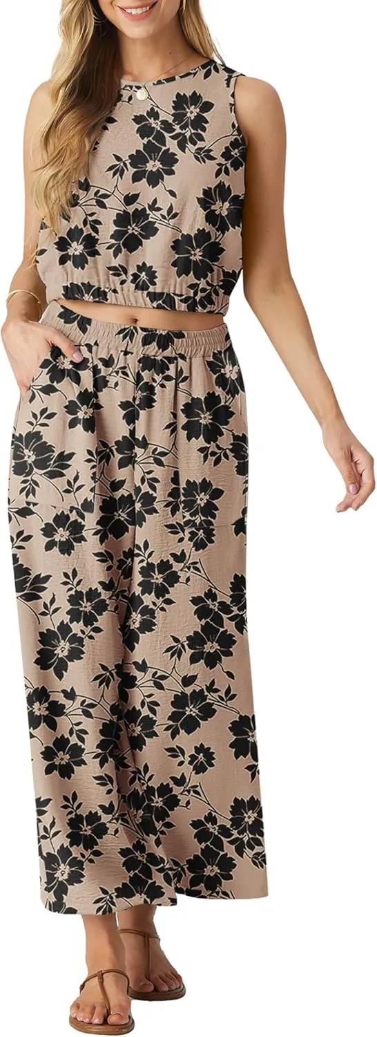 GRECERELLE Two Piece Sets for Women Sleeveless Crop Top Wide Leg Pants Sweat Set for Women Tracksuits 2025 Summer