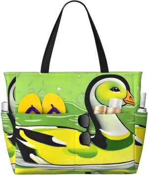 Green Duck Print 28L Beach Tote Bag, Water-resistant Travel Tote, Lightweight Gym & Camping Carryall