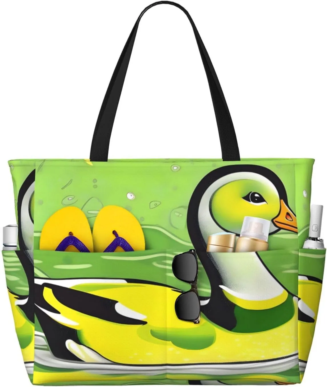 Green Duck Print 28L Beach Tote Bag, Water-resistant Travel Tote, Lightweight Gym & Camping Carryall