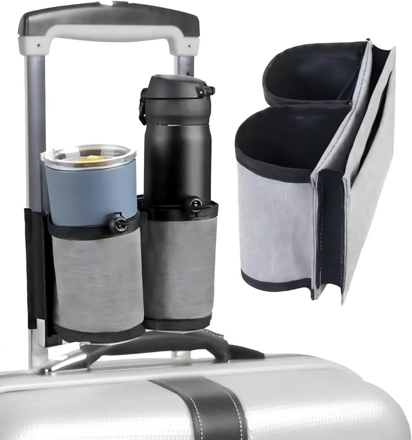Grey Color Luggage Cup Holder Travelers Accessories for Suitcases - Foldable Beverage Mount Coffee Cup with Phone Pocket, Universal Travel Organizer with Anti-Slip Base & Adjustable Strap - Grey