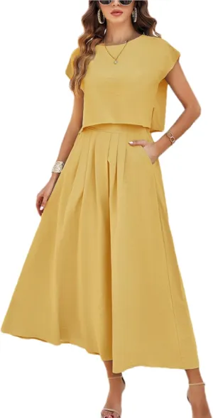 HangNiFang 2025 Summer Skirt Sets Women 2 Piece Outfits Cap Sleeve Top Elastic Waist Maxi Dress Sets with Pockets