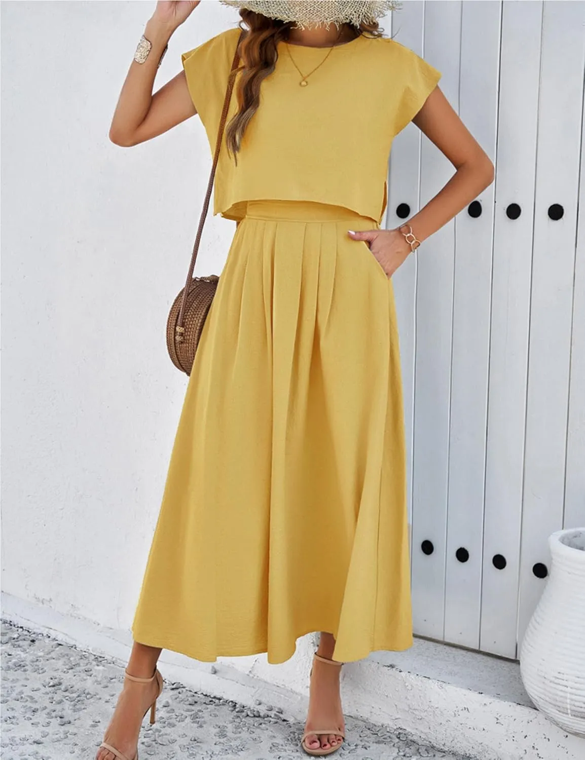 HangNiFang 2025 Summer Skirt Sets Women 2 Piece Outfits Cap Sleeve Top Elastic Waist Maxi Dress Sets with Pockets