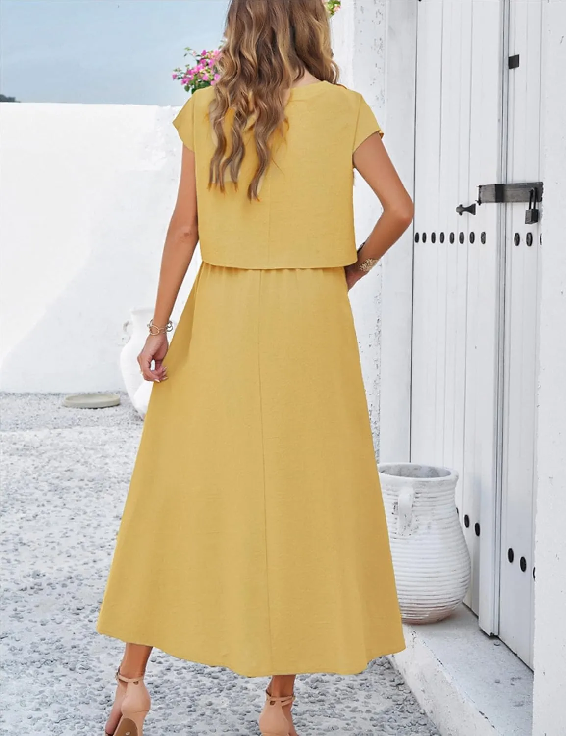 HangNiFang 2025 Summer Skirt Sets Women 2 Piece Outfits Cap Sleeve Top Elastic Waist Maxi Dress Sets with Pockets
